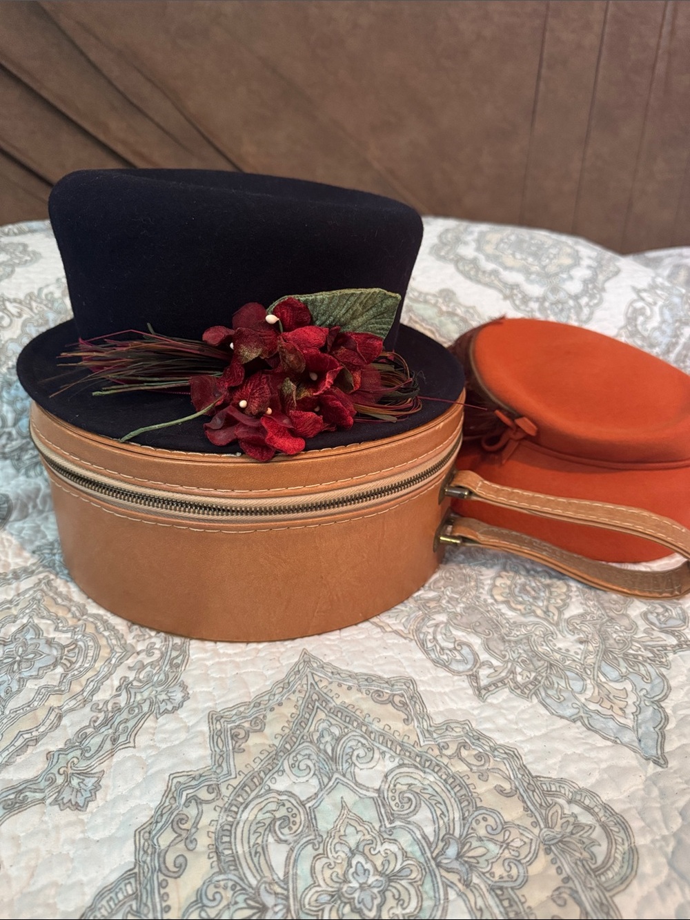 Vintage Black Felt Hat with Red Floral Trim